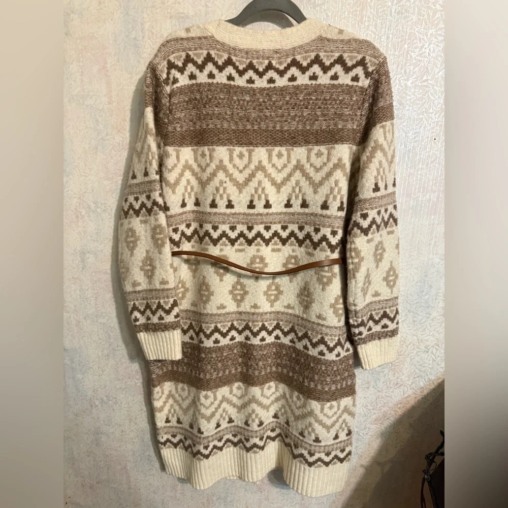 Olive & Oak Brown and Cream Geometric Sweater Dress With Belt, Sz XL - Picture 4 of 10